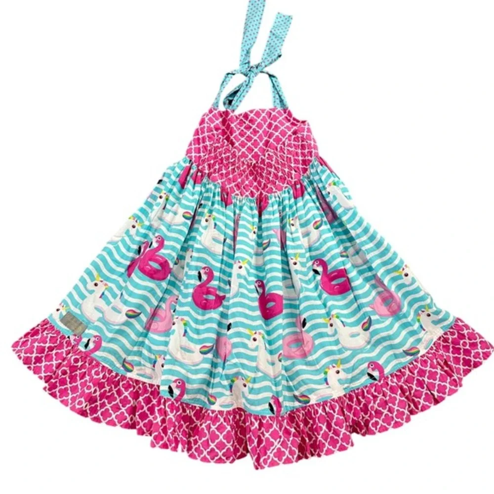 Eleanor Rose Daphne Dress Girls Size 7-8 Pink Teal Flamingo Unicorn Halter